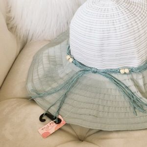 Sun Hat Woven Grosgrain Beaded Seafoam NWT